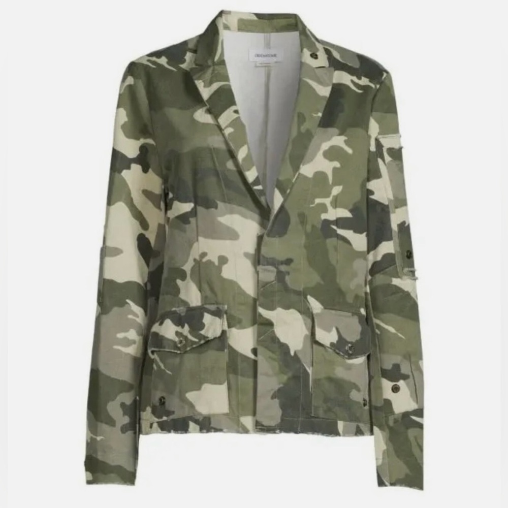 Zadig & Voltaire Virginia Camo Raw-Edge Button-Front Cotton Blazer Jacket‎ Large - Picture 2 of 16